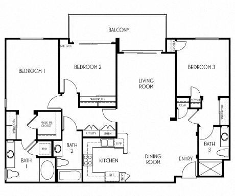 Floor plan for 3 beds, 3 baths, 1378 sqft